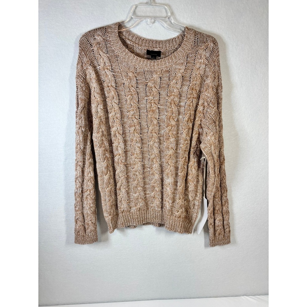 Lumiere Womens Tan White Cable Knit Cotton Sweater Crew Neck NT18650 Large